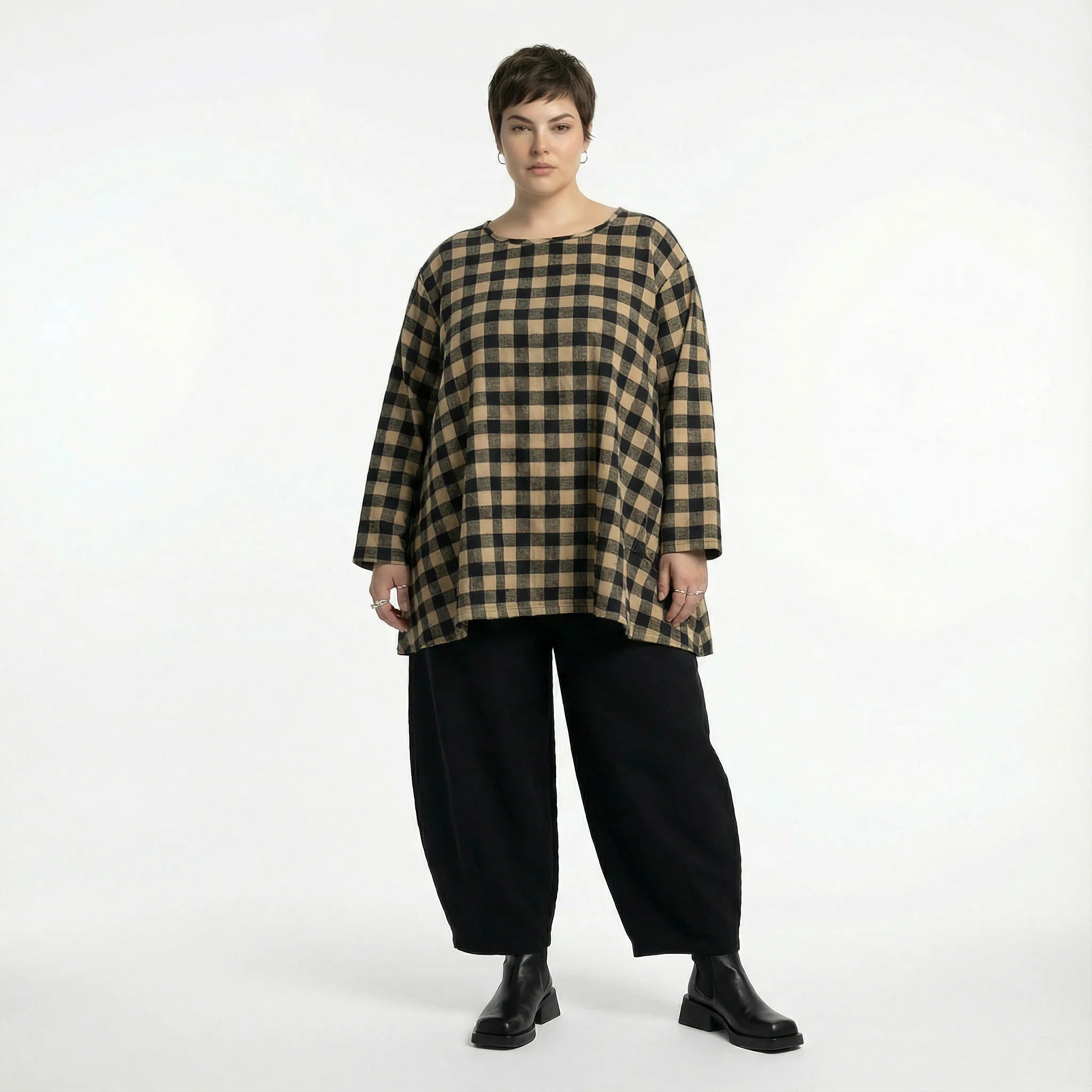  A-Form Bigshirt von AKH Fashion aus Polyester, 1562.00593, Sand/Schwarz, Kariert, Schick