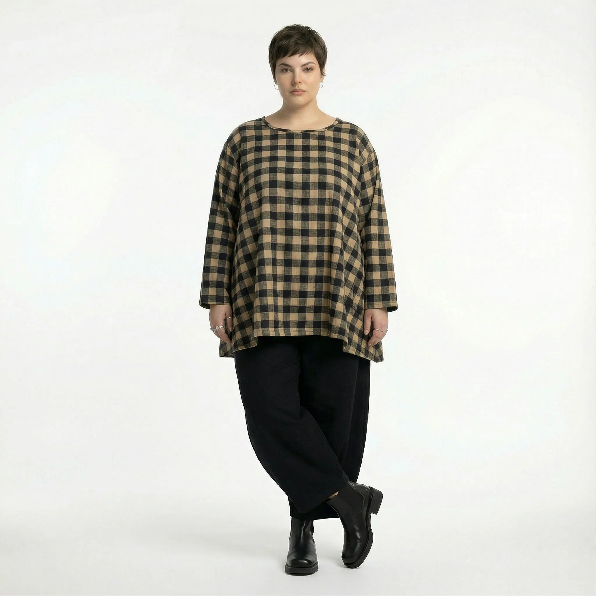  A-Form Bigshirt von AKH Fashion aus Polyester, 1562.00593, Sand/Schwarz, Kariert, Schick