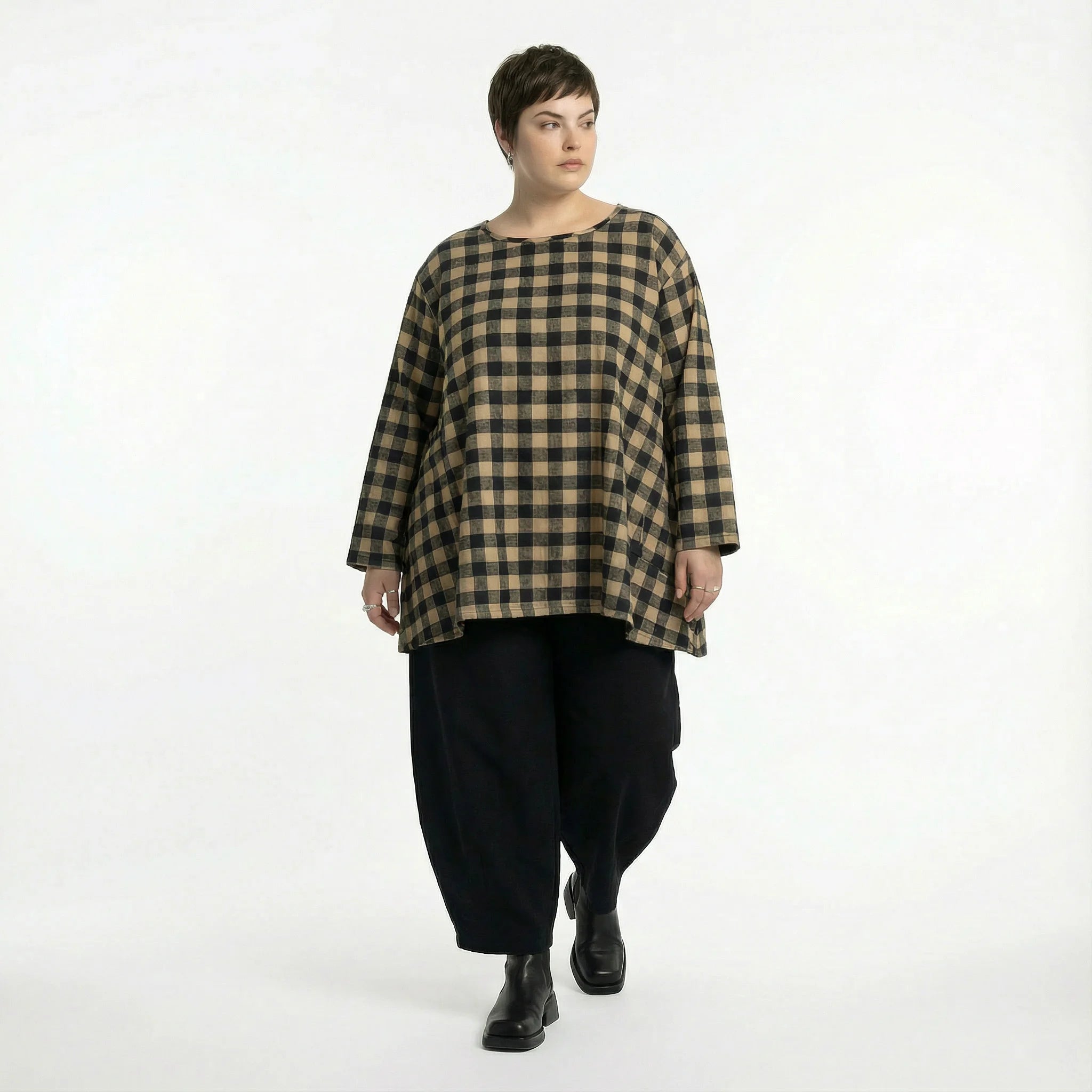  A-Form Bigshirt von AKH Fashion aus Polyester, 1562.00593, Sand/Schwarz, Kariert, Schick