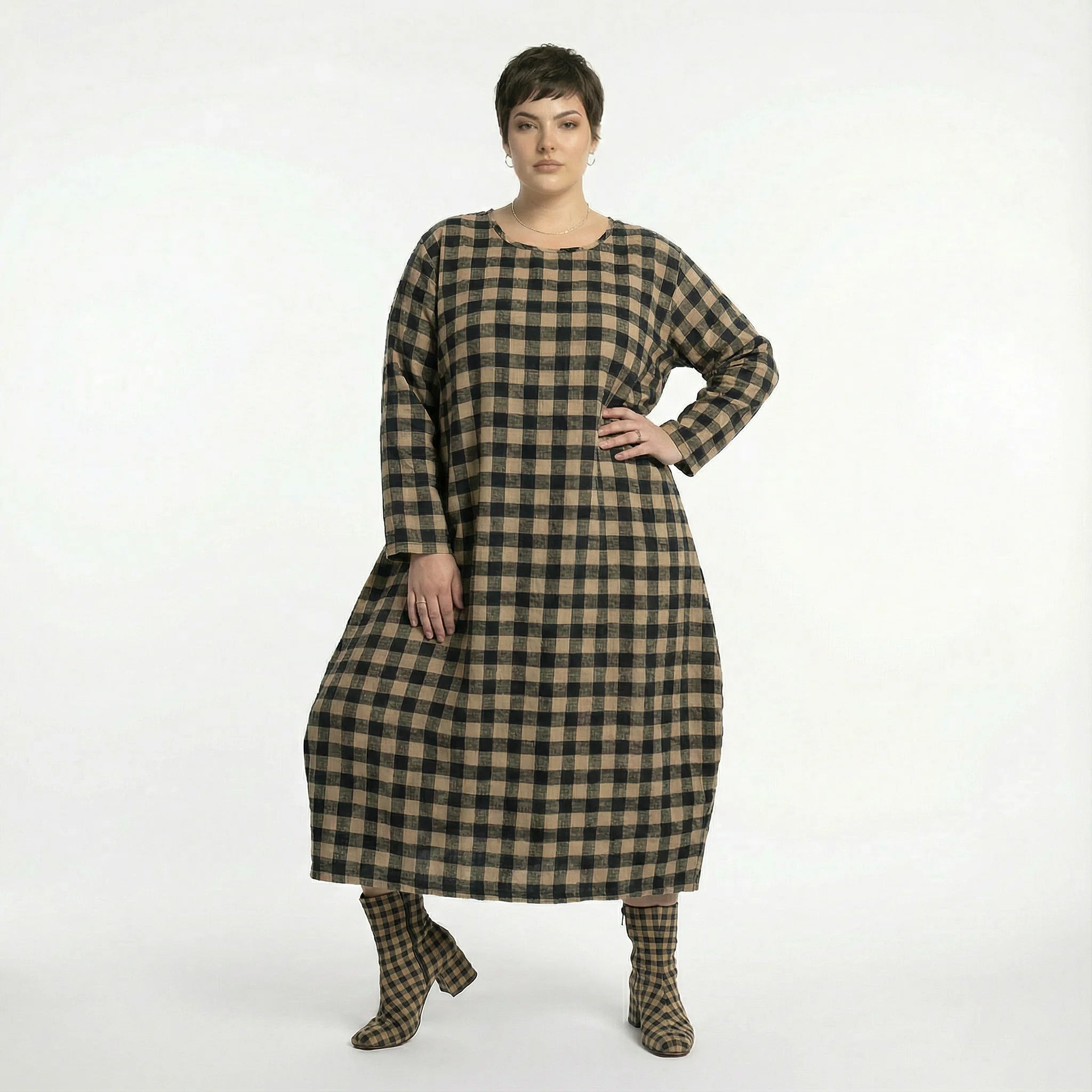  Ballonkleid von AKH Fashion aus Polyester, 1562.01926, Sand/Schwarz, Kariert, Ausgefallen