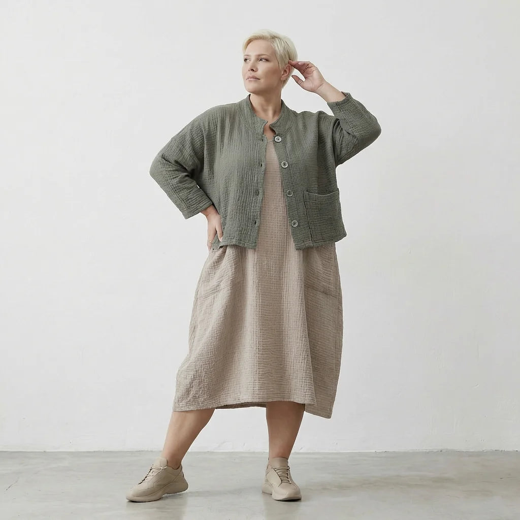  AKH Fashion Jacke in kastiger Form, aus Baumwolle, 1573.06929, Khaki, Kariert, Schick