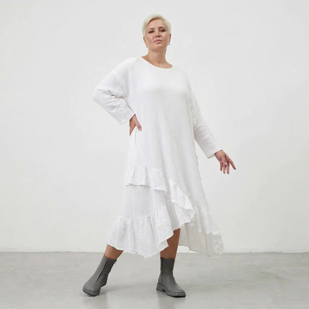  AKH Fashion Kleid in asymmetrischer Form, aus Baumwolle, 1573.07024, Weiß, Kariert, Schick