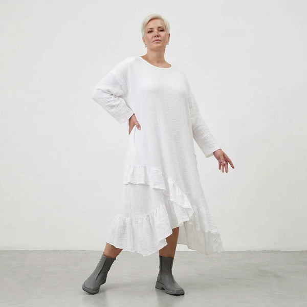 AKH Fashion Kleid in asymmetrischer Form, aus Baumwolle, 1573.07024, Weiß, Kariert, Schick