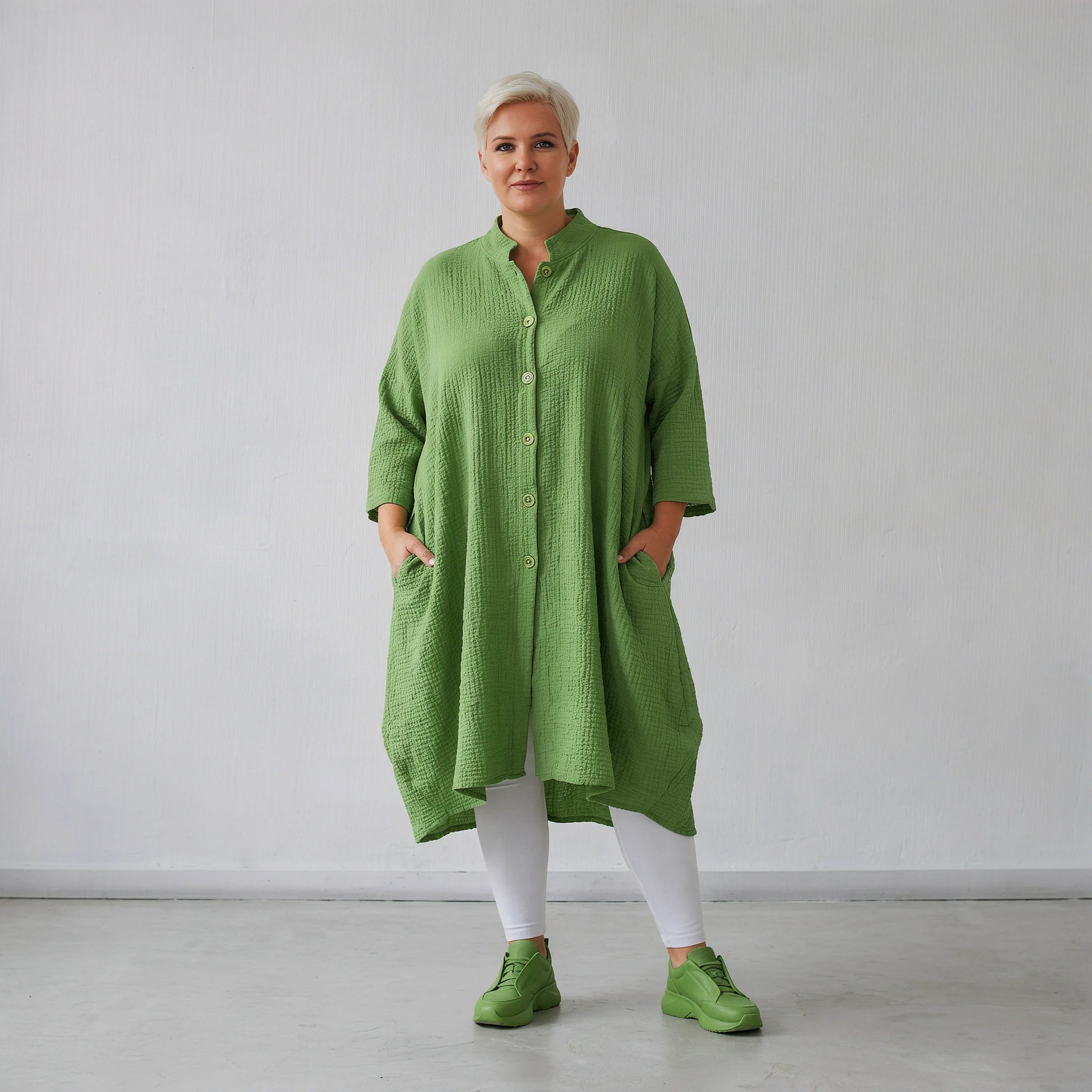 Ballon Bluse von AKH Fashion aus Baumwolle, 1573.07117, Grün, Kariert, Ausgefallen, Schick