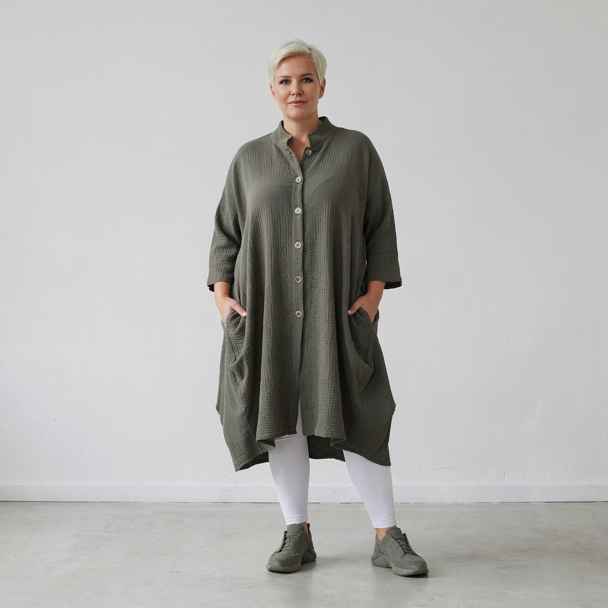 Ballon Bluse von AKH Fashion aus Baumwolle, 1573.07117, Khaki, Kariert, Ausgefallen