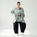  A-Form Bigshirt von AKH Fashion aus Viskose, 1574.00593, Weiß/Schwarz/Grün, Blumen, Schick