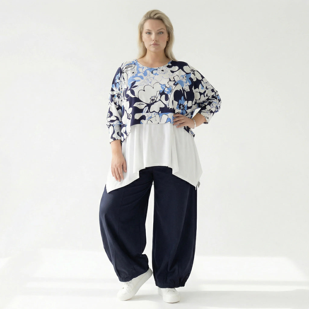  AKH Fashion Überwurf in kastiger Form, aus Viskose, 1574.07011, Weiß/Marine/Blau, Blumen