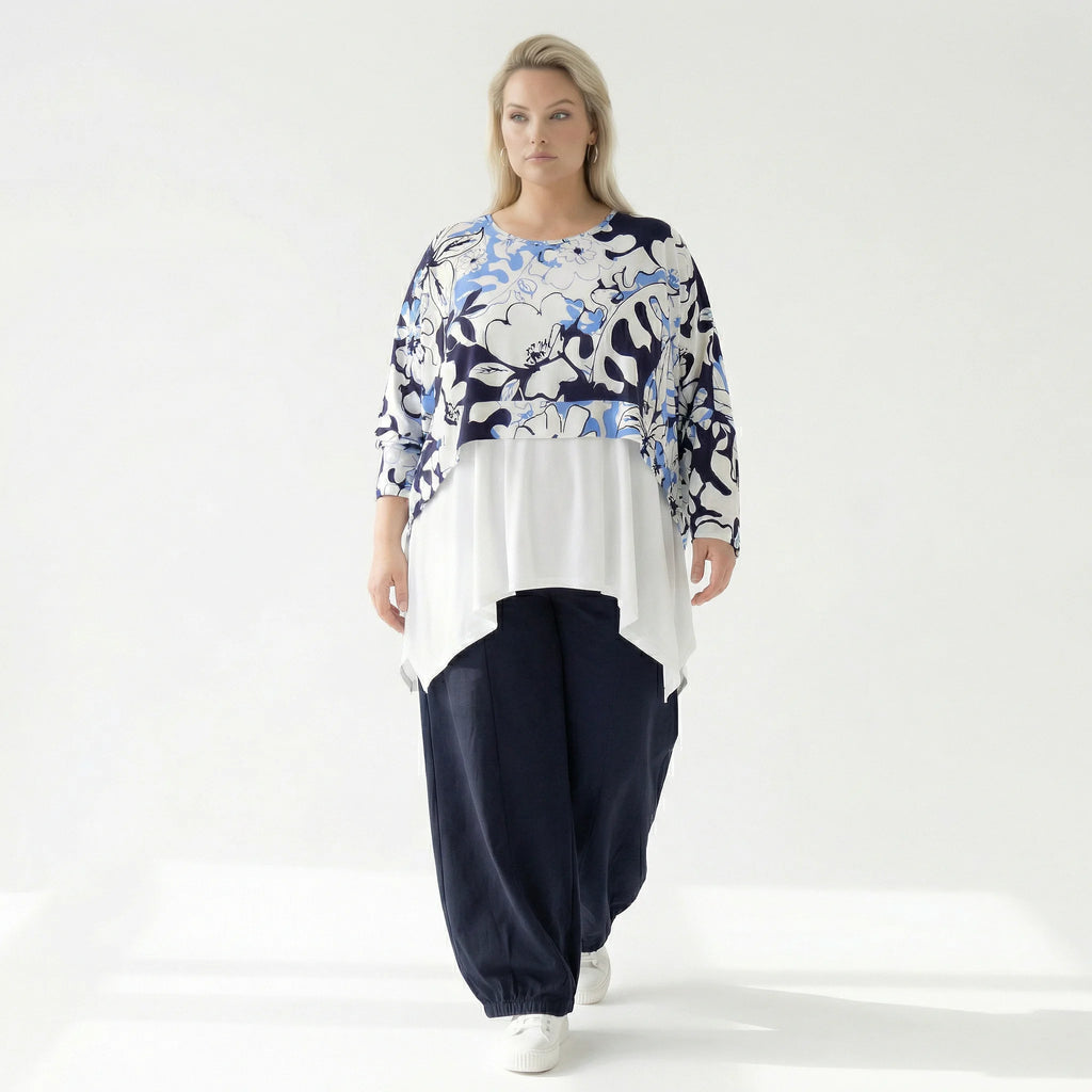  AKH Fashion Überwurf in kastiger Form, aus Viskose, 1574.07011, Weiß/Marine/Blau, Blumen