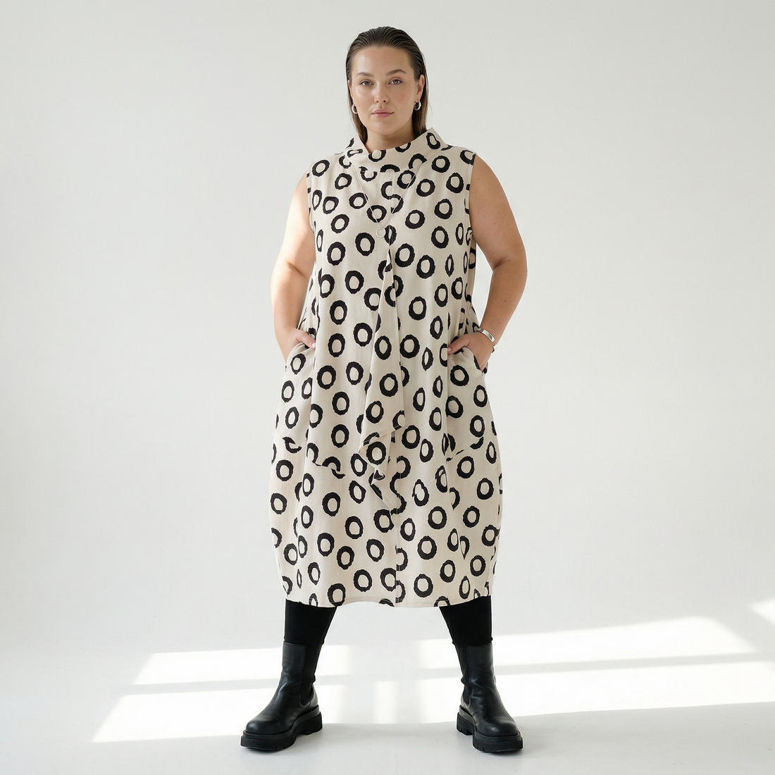 Ballonkleid von AKH Fashion aus Baumwolle, 1577.07072, Ecru/Schwarz, Punkte, Ausgefallen