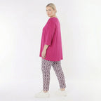Abstrakte Karottenhose im ausgefallen legeren Lagenlook aus stretchigem Bengaline Material, Marine/Fuchsia/Weiß