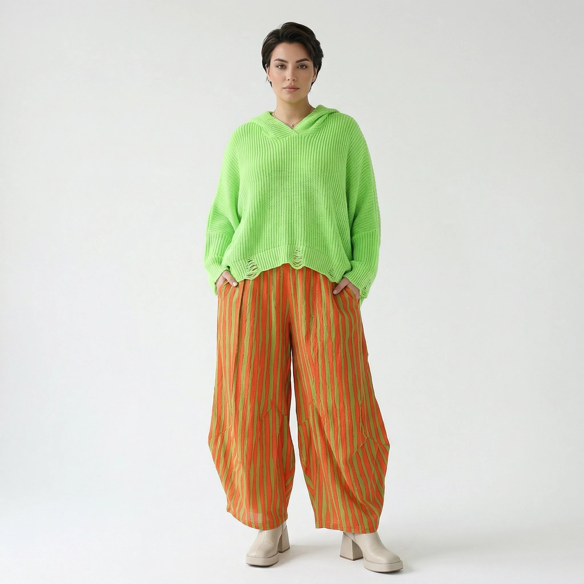 Ballon Hose im außergewöhnlichen Lagenlook aus leichter Baumwolle mit Flügeltaschen, Orange/Apfelgrün