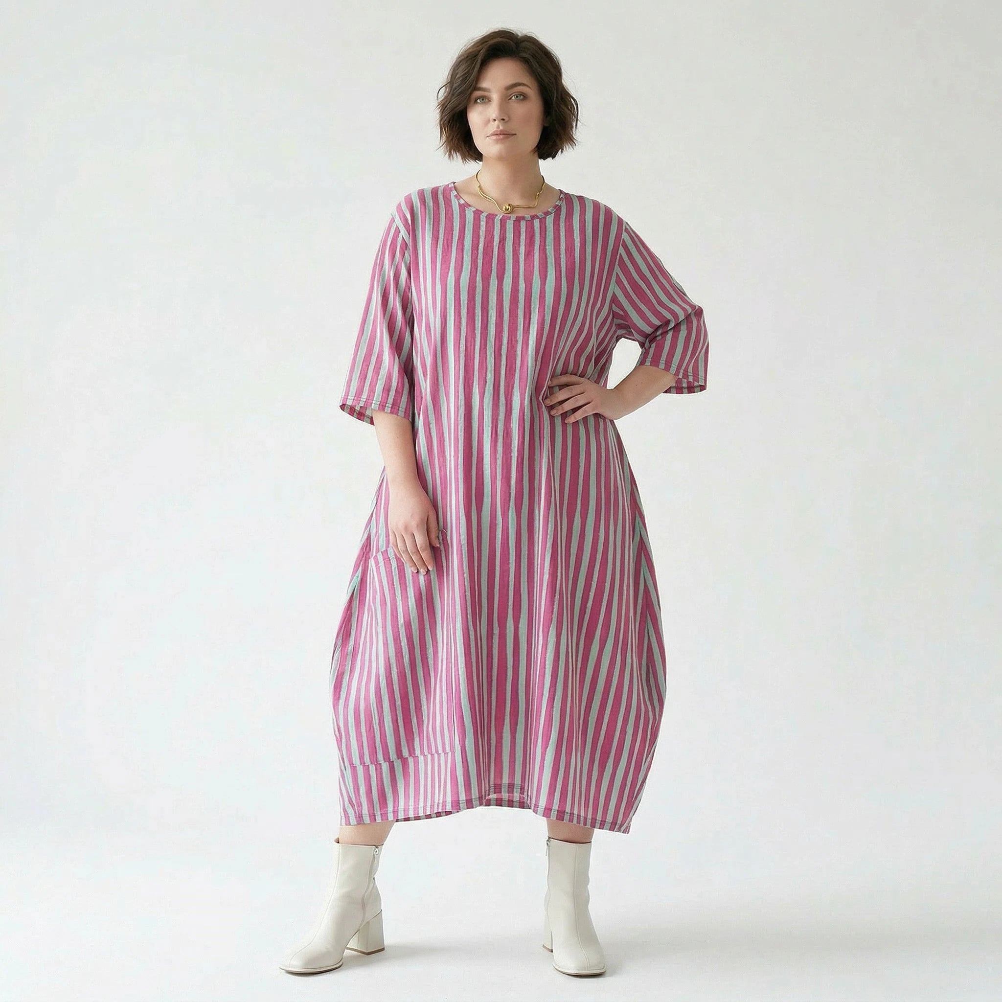 Luftig leichtes Oversize Kleid im Ballon Lagenlook mit ausgefallenen Blockstreifen, Fuchsia/Mint