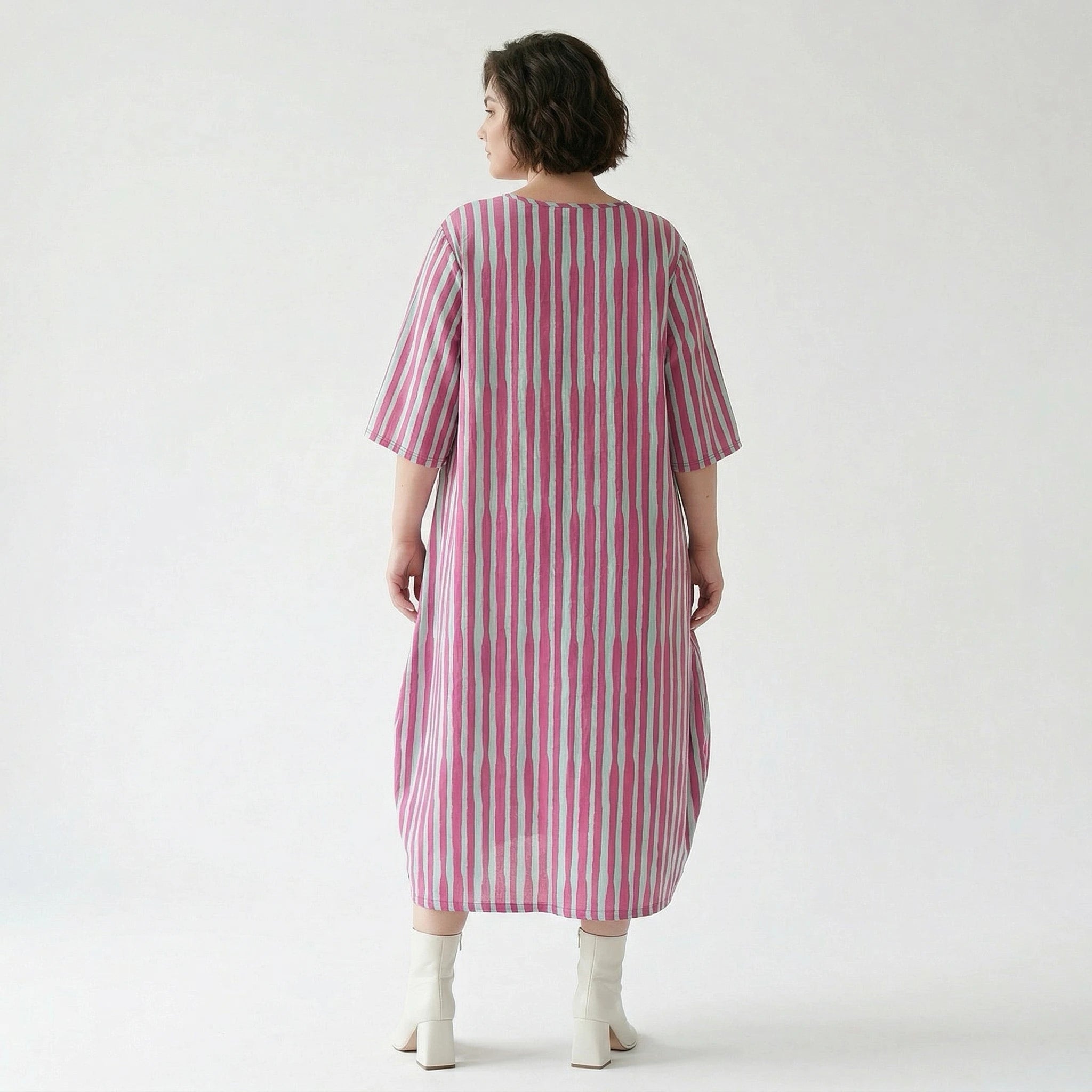 Luftig leichtes Oversize Kleid im Ballon Lagenlook mit ausgefallenen Blockstreifen, Fuchsia/Mint