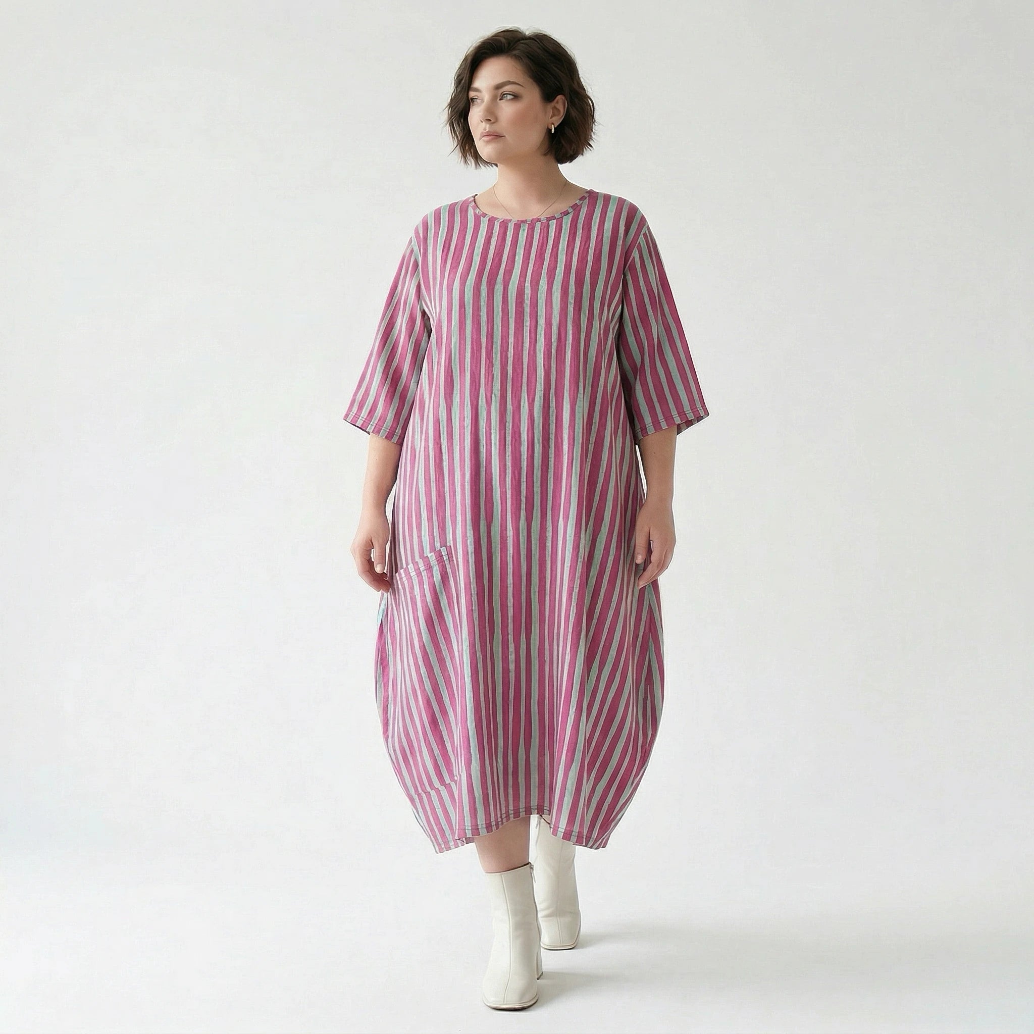 Luftig leichtes Oversize Kleid im Ballon Lagenlook mit ausgefallenen Blockstreifen, Fuchsia/Mint