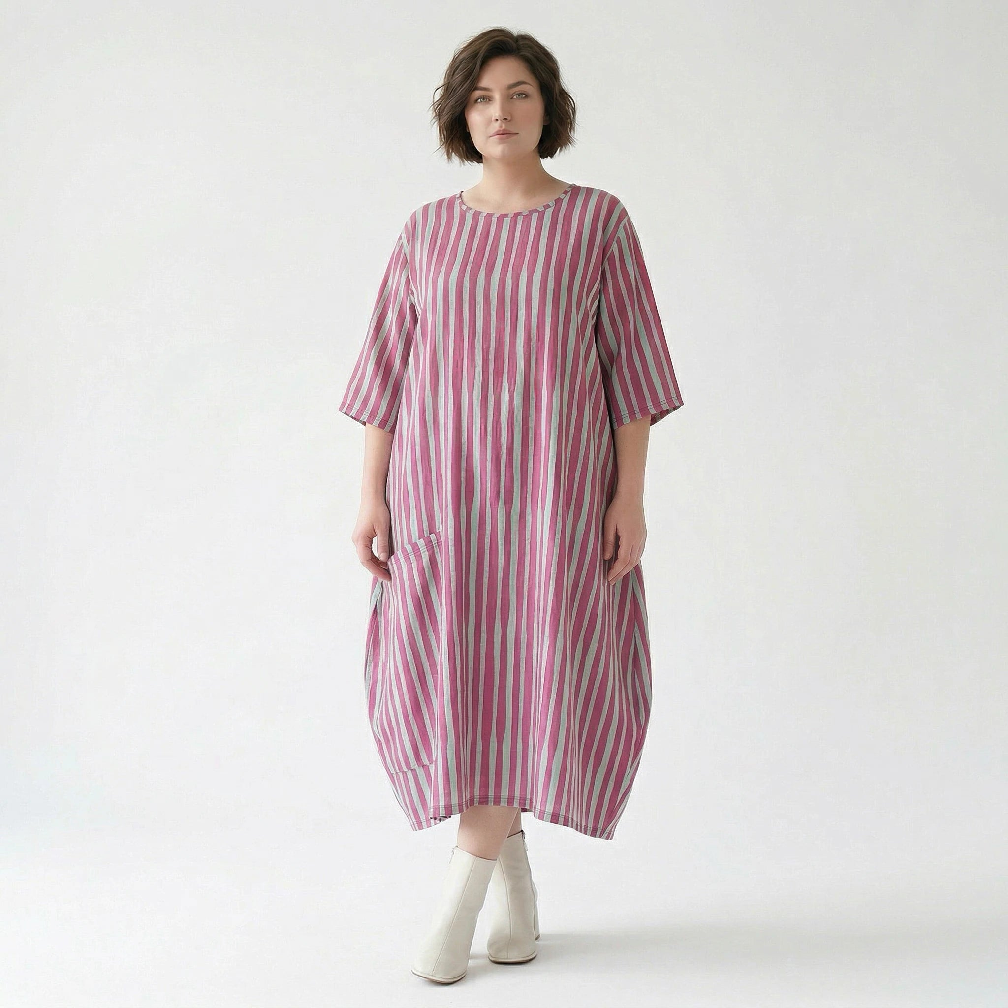 Luftig leichtes Oversize Kleid im Ballon Lagenlook mit ausgefallenen Blockstreifen, Fuchsia/Mint
