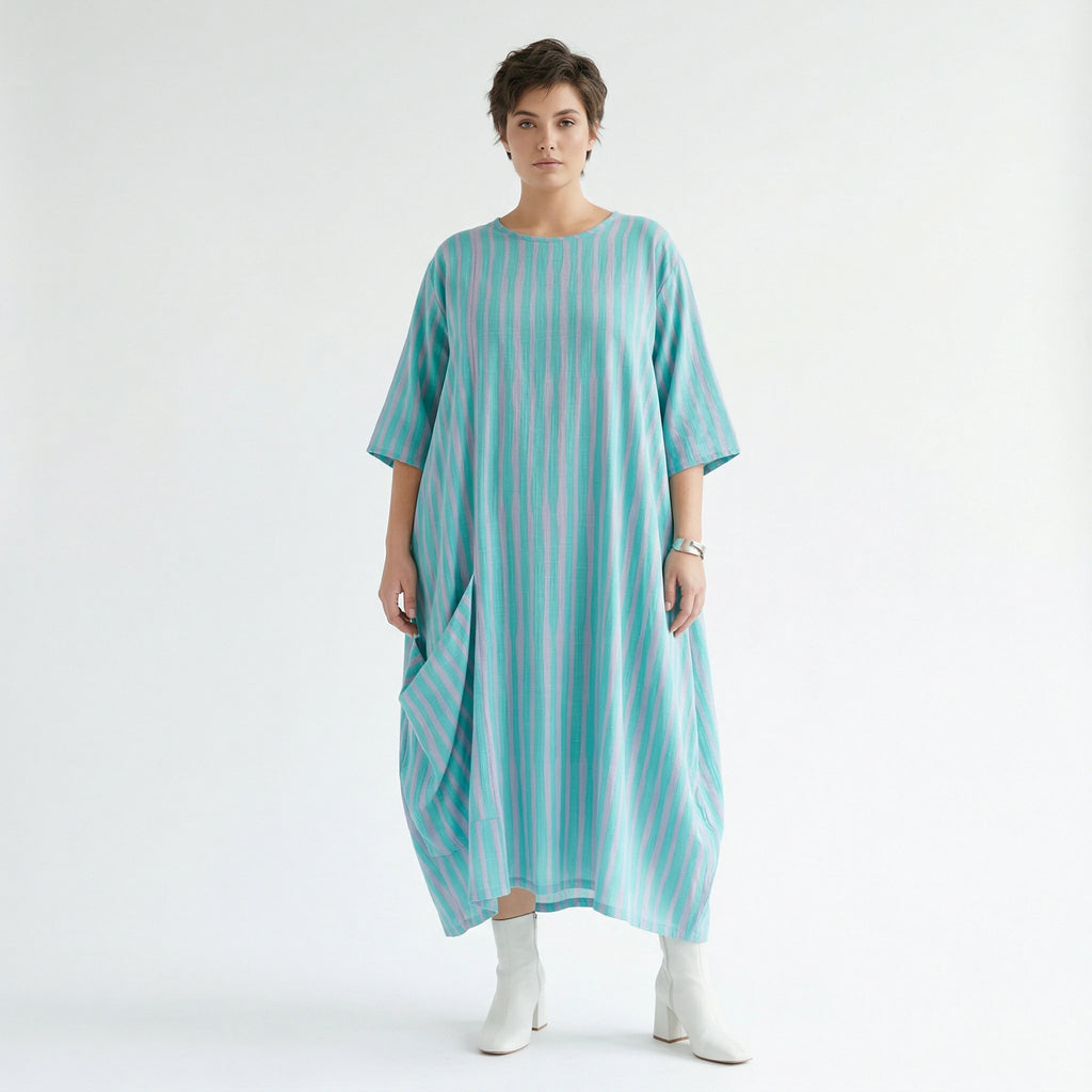 Mit luftig leichtem Lagenlook im ausgefallenen Oversize Style, Blockstreifen, zeitlos, Grün/Flieder