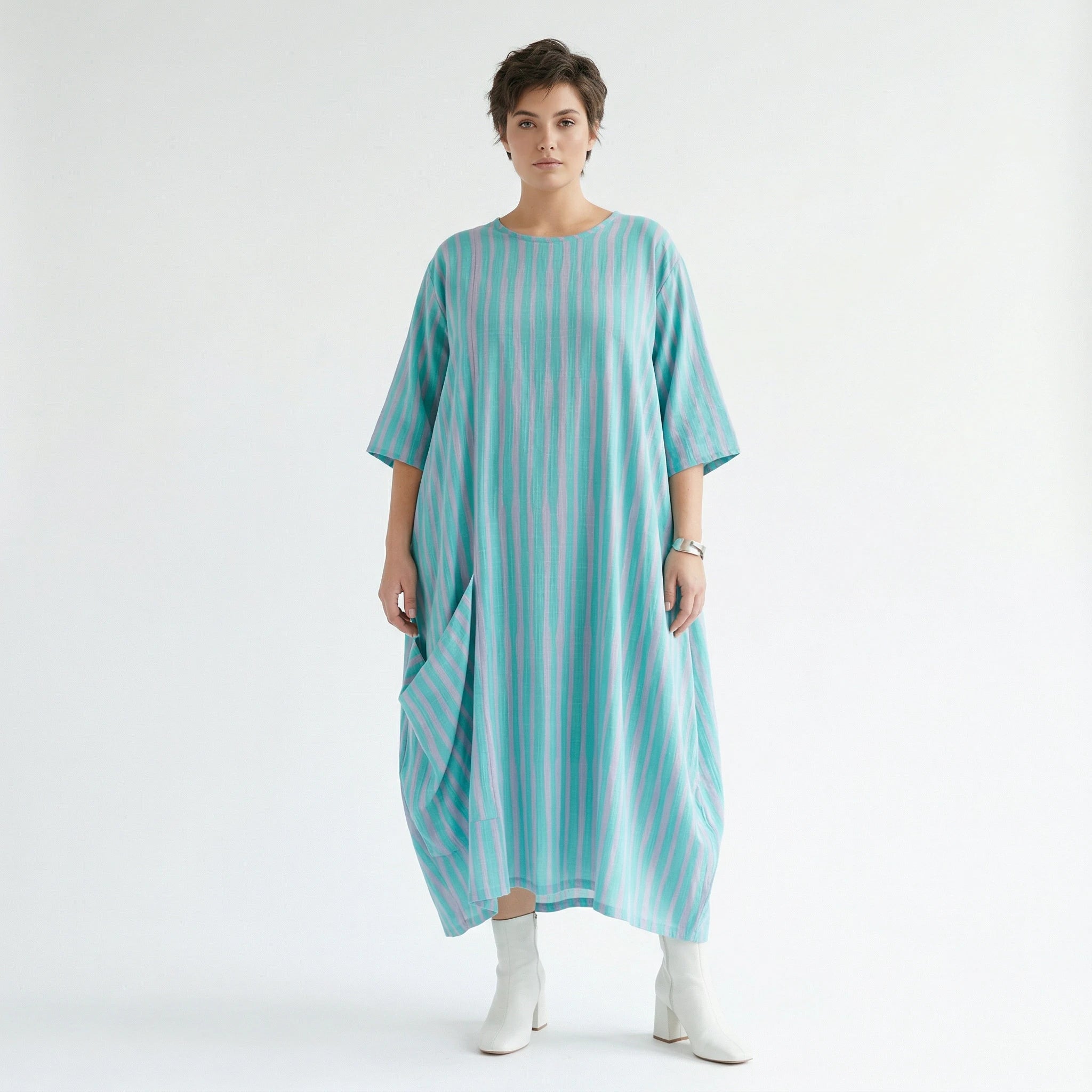 Mit luftig leichtem Lagenlook im ausgefallenen Oversize Style, Blockstreifen, zeitlos, Grün/Flieder