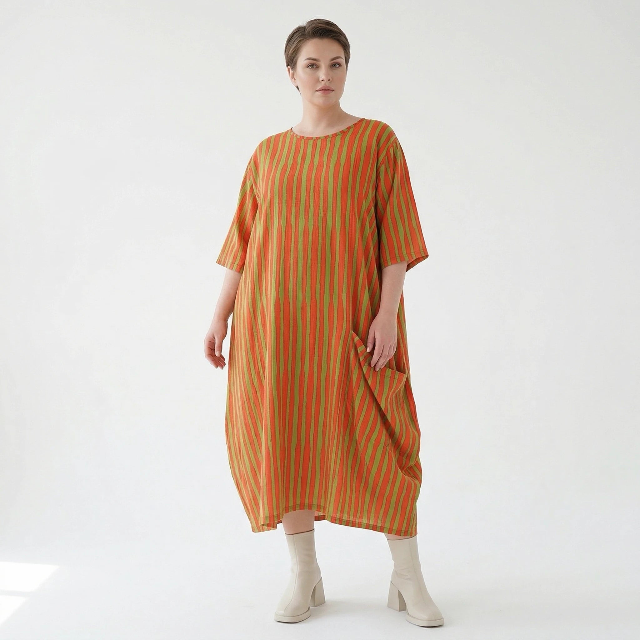 Luftiges Ballon Kleid im Lagenlook mit ausgefallenen Blockstreifen und zeitloser Leinen Optik, Orange/Apfelgrün
