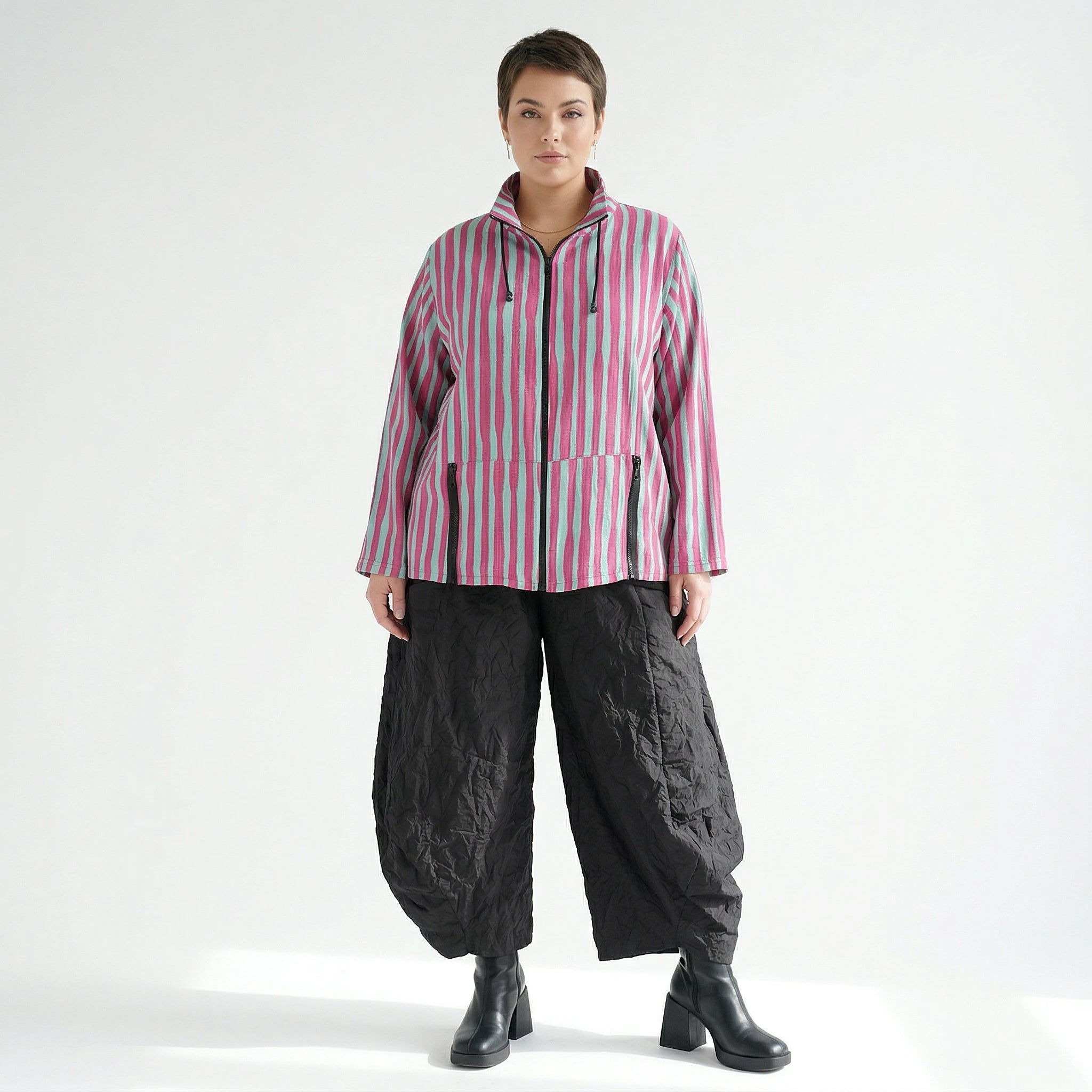 Kastige Oversize Jacke in luftig leichter Leinen Optik, ausgefallen im Lagenlook, Fuchsia/Mint