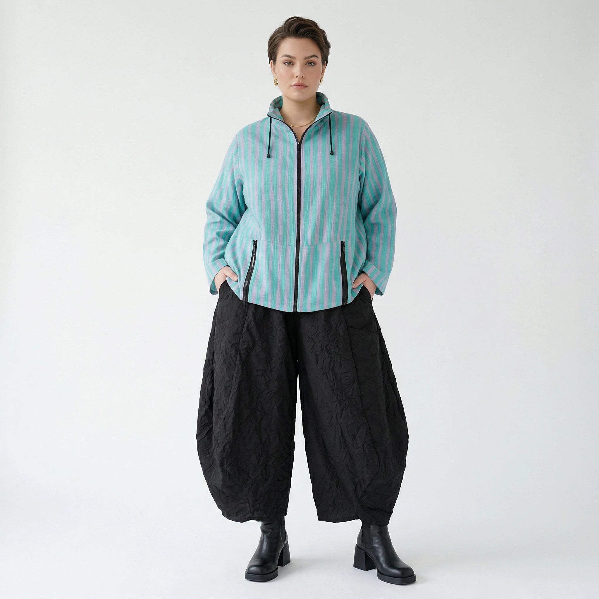 Luftige Lagenlook Jacke in kastiger Form mit Blockstreifen und aufgesetzten Taschen, Grün/Flieder