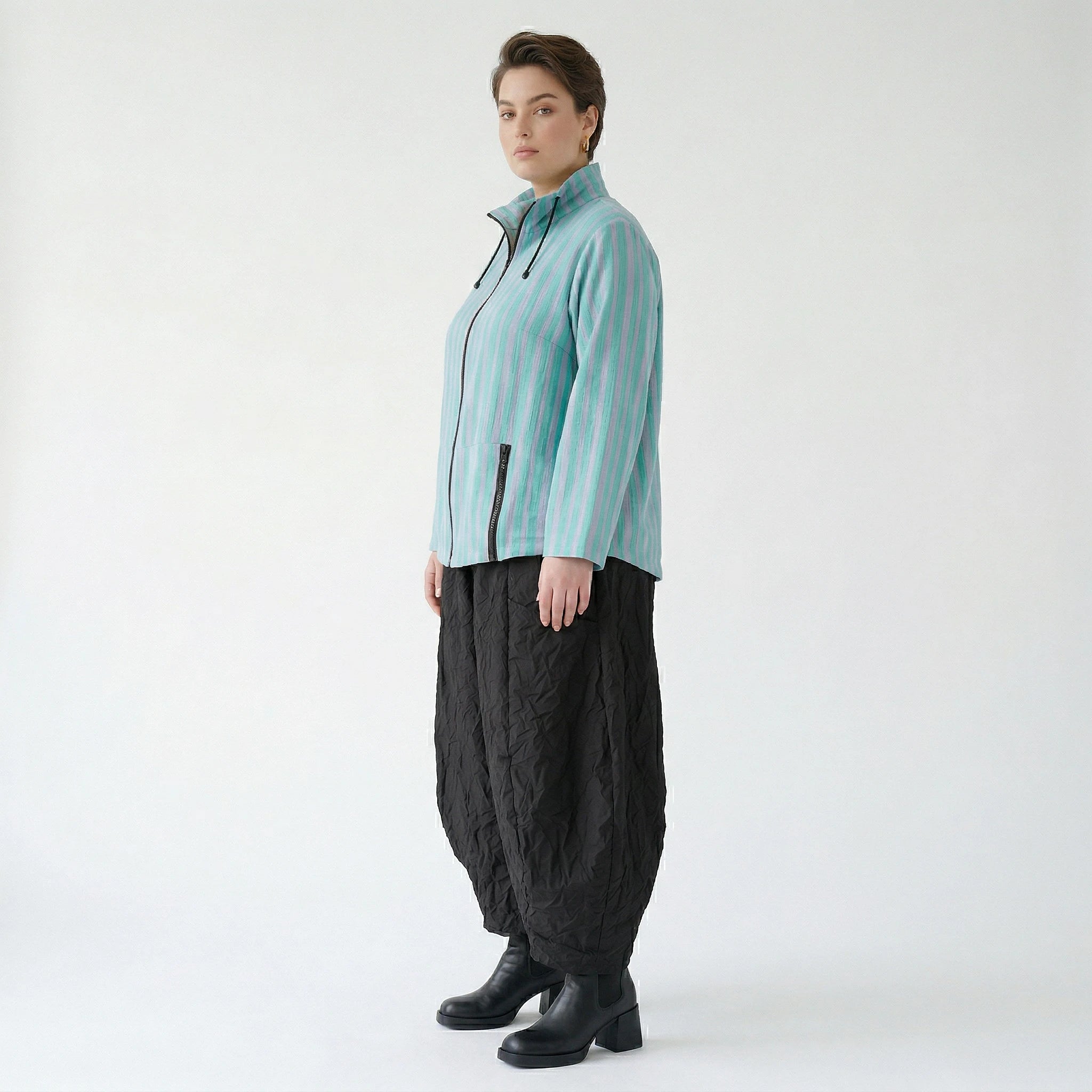 Luftige Lagenlook Jacke in kastiger Form mit Blockstreifen und aufgesetzten Taschen, Grün/Flieder