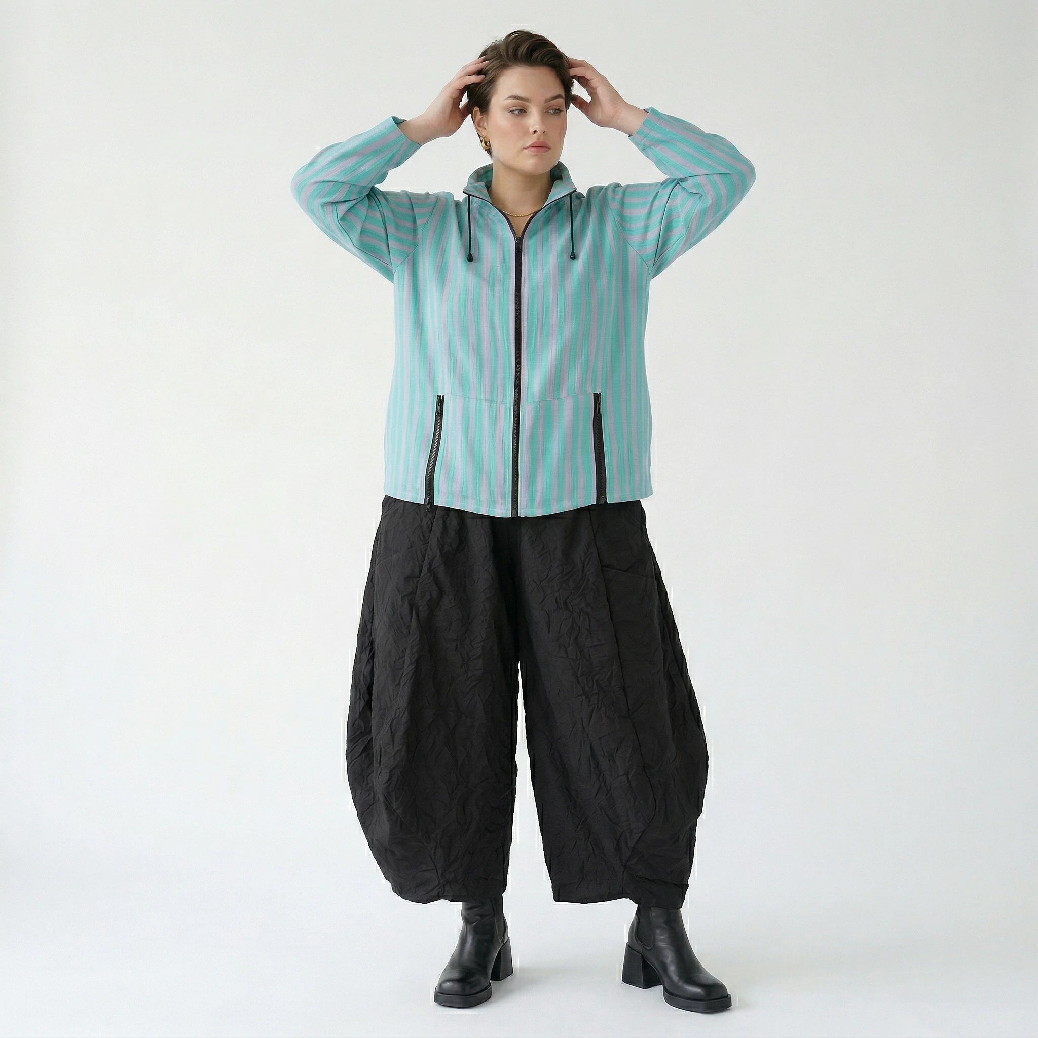 Luftige Lagenlook Jacke in kastiger Form mit Blockstreifen und aufgesetzten Taschen, Grün/Flieder