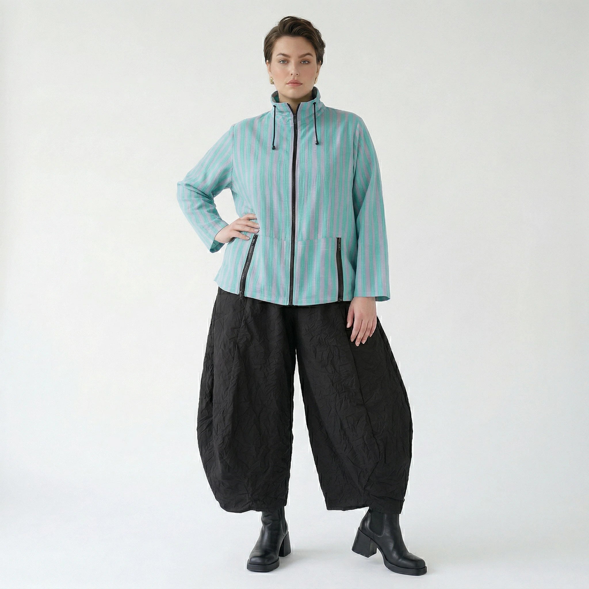 Luftige Lagenlook Jacke in kastiger Form mit Blockstreifen und aufgesetzten Taschen, Grün/Flieder