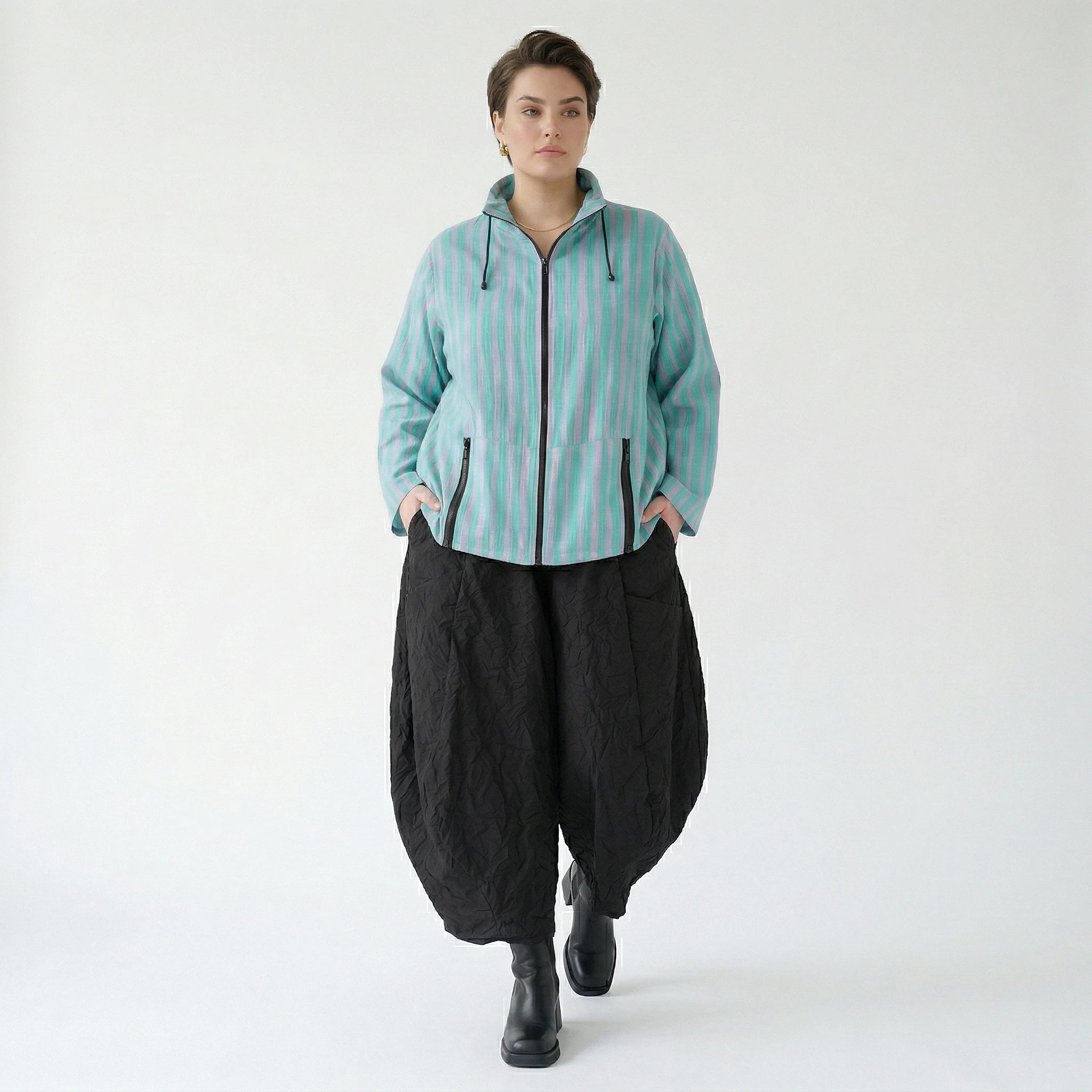 Luftige Lagenlook Jacke in kastiger Form mit Blockstreifen und aufgesetzten Taschen, Grün/Flieder