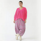 Luftige Harem Hose im legeren Lagenlook mit tiefem Schritt und ausgefallenem Blockstreifen, Fuchsia/Mint