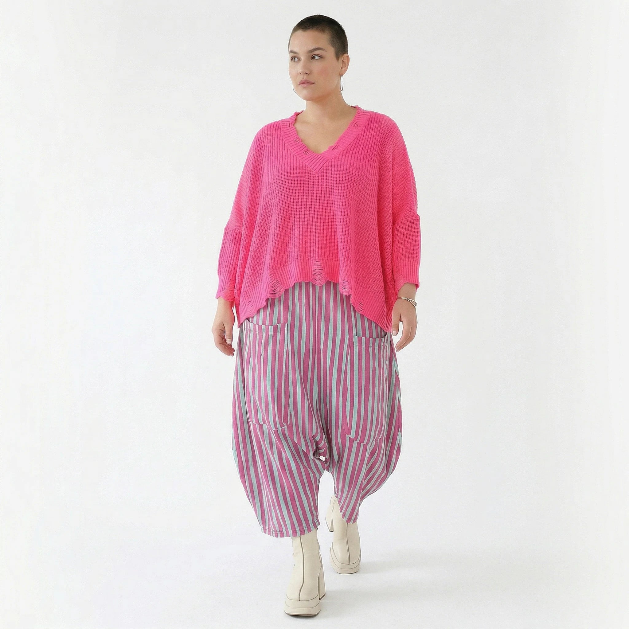 Luftige Harem Hose im legeren Lagenlook mit tiefem Schritt und ausgefallenem Blockstreifen, Fuchsia/Mint