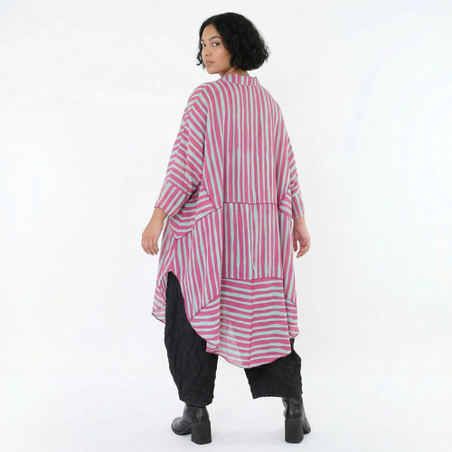 Luftig leichter Oversize Mantel mit A-Form und ausgefallenen Blockstreifen für Lagenlook, Fuchsia/Mint
