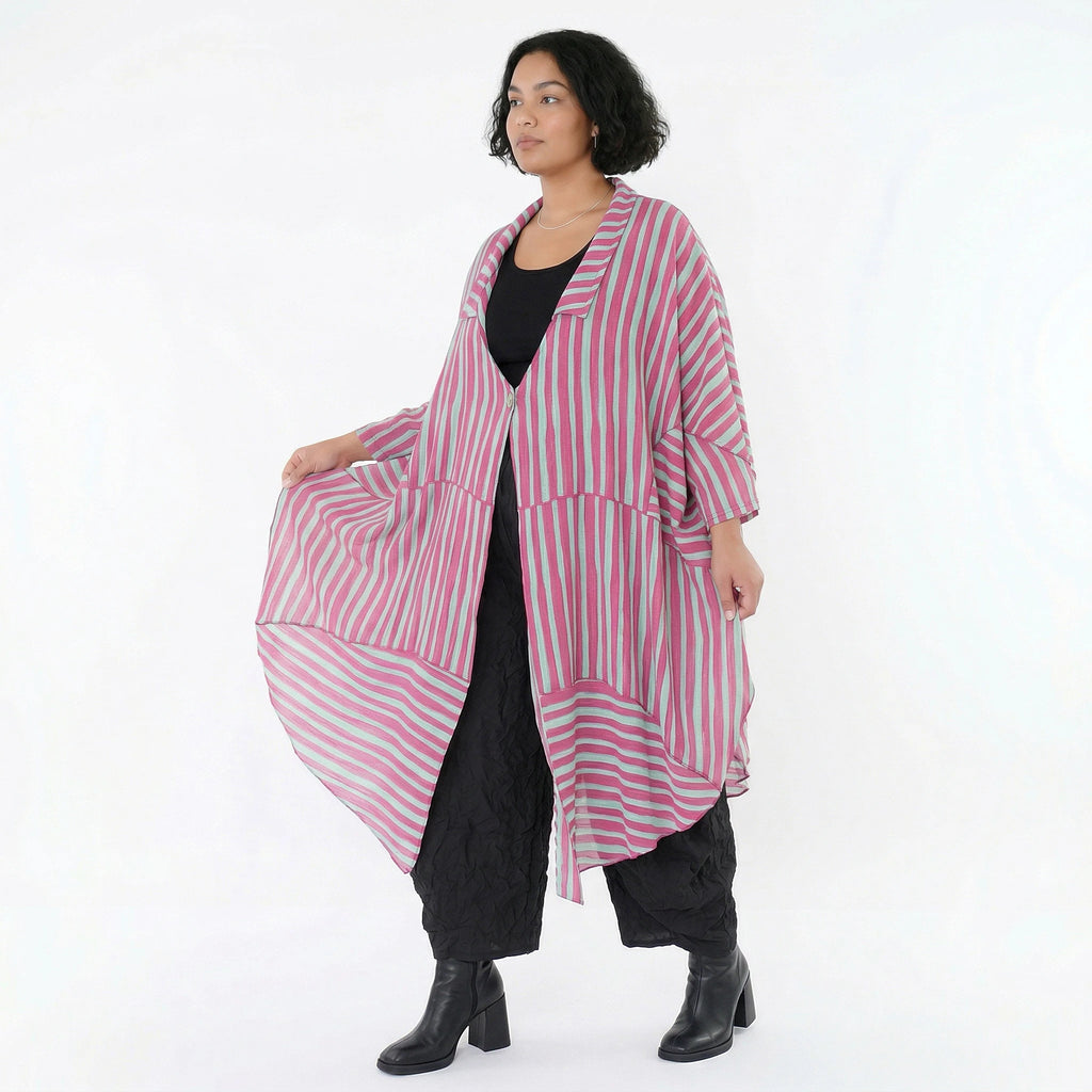 Luftig leichter Oversize Mantel mit A-Form und ausgefallenen Blockstreifen für Lagenlook, Fuchsia/Mint