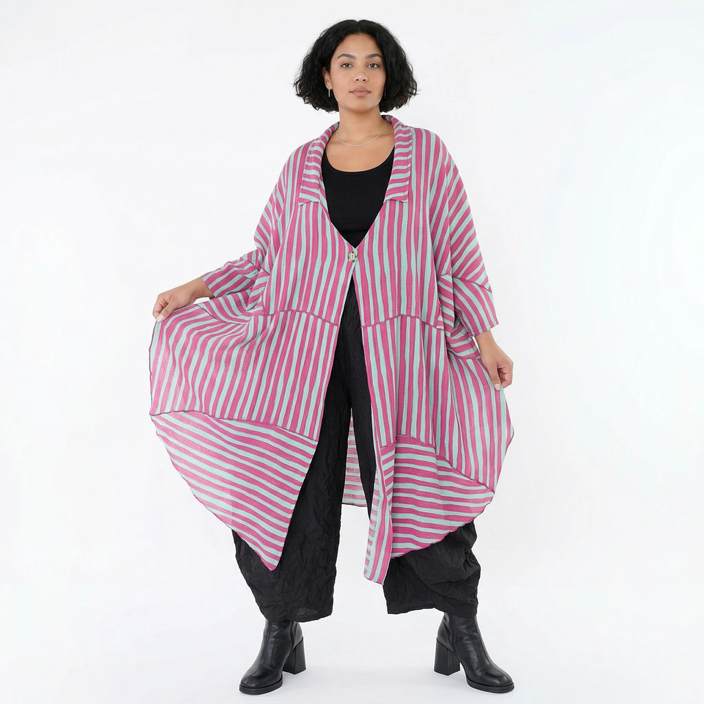 Luftig leichter Oversize Mantel mit A-Form und ausgefallenen Blockstreifen für Lagenlook, Fuchsia/Mint