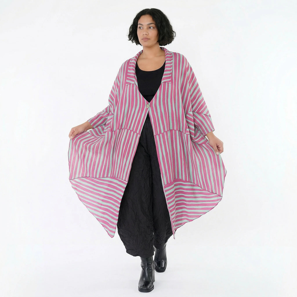 Luftig leichter Oversize Mantel mit A-Form und ausgefallenen Blockstreifen für Lagenlook, Fuchsia/Mint