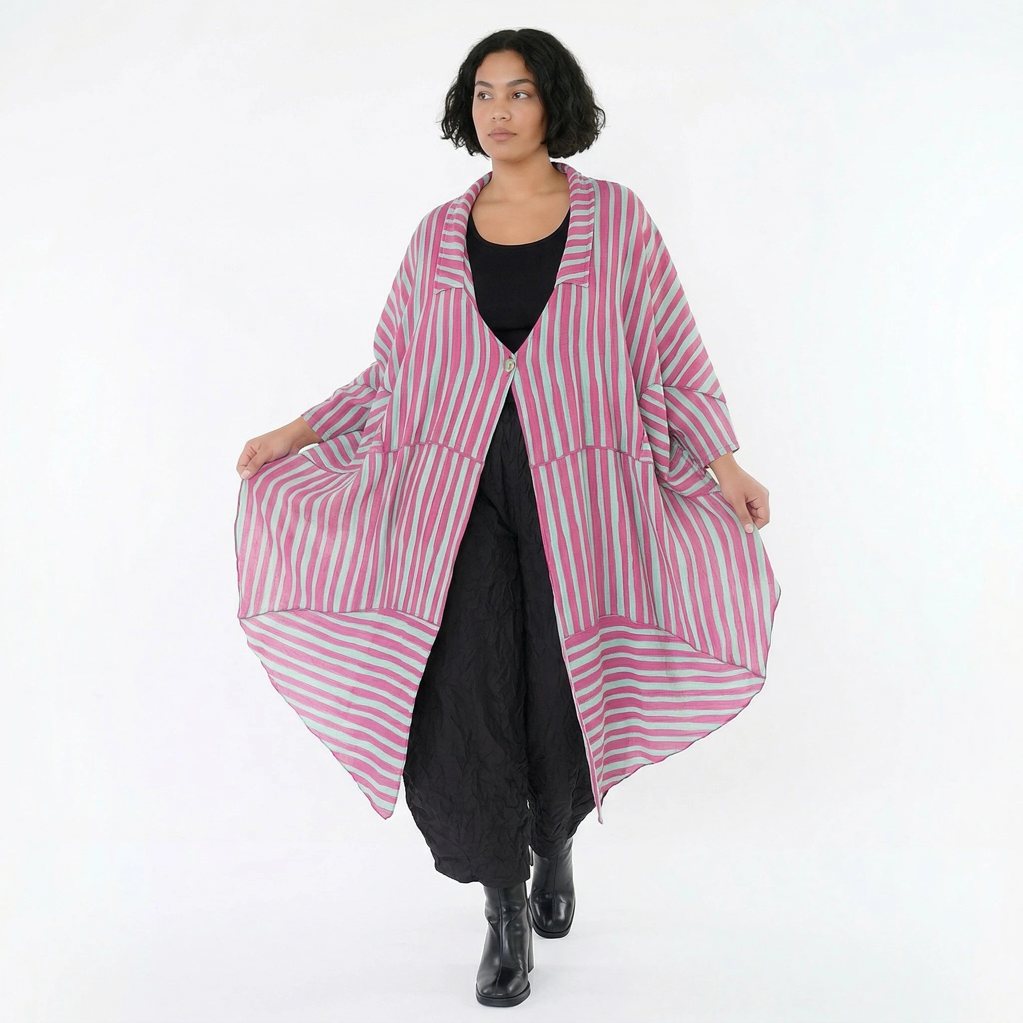 Luftig leichter Oversize Mantel mit A-Form und ausgefallenen Blockstreifen für Lagenlook, Fuchsia/Mint