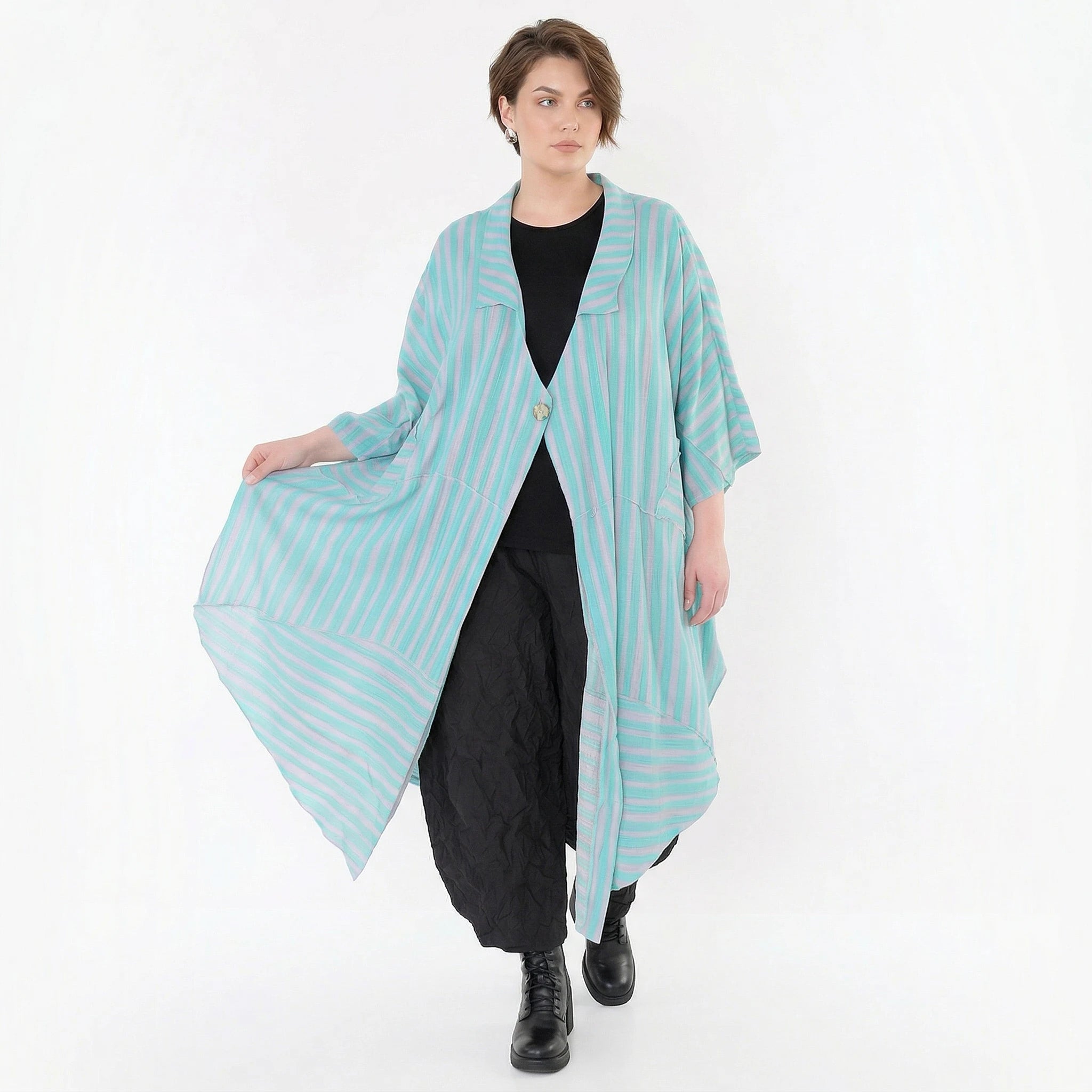 Luftig-leichter Oversize Mantel im Lagenlook mit ausgefallener Blockstreifen-Optik, Grün/Flieder