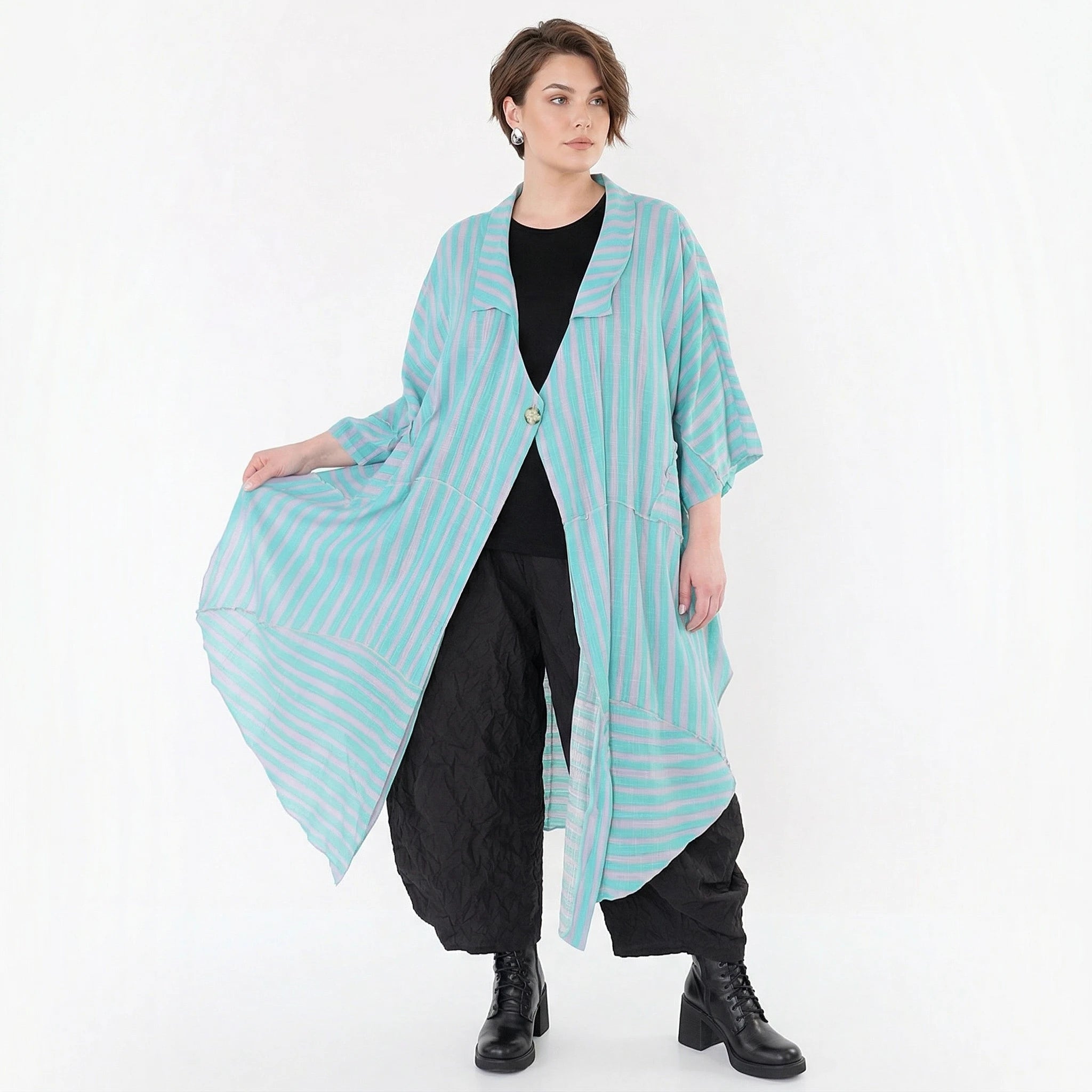 Luftig-leichter Oversize Mantel im Lagenlook mit ausgefallener Blockstreifen-Optik, Grün/Flieder