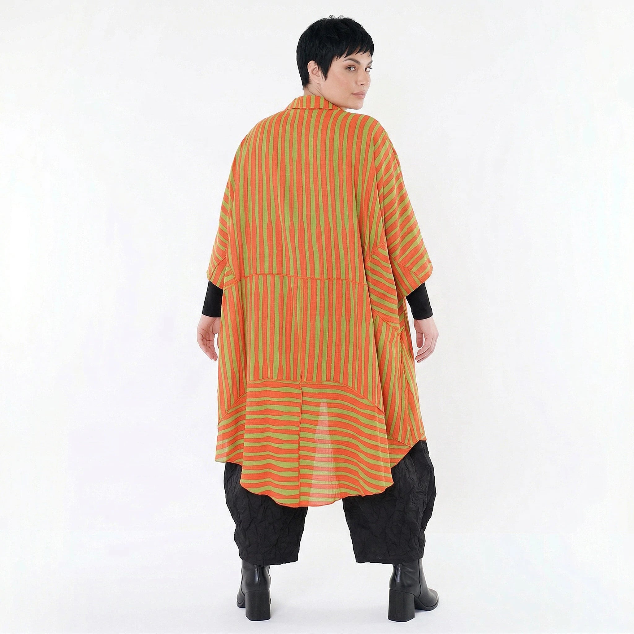 Luftiger Oversize Mantel in stilvoller A-Form sorgt mit Blockstreifen für einen ausgefallenen Lagenlook, Orange/Apfelgrün