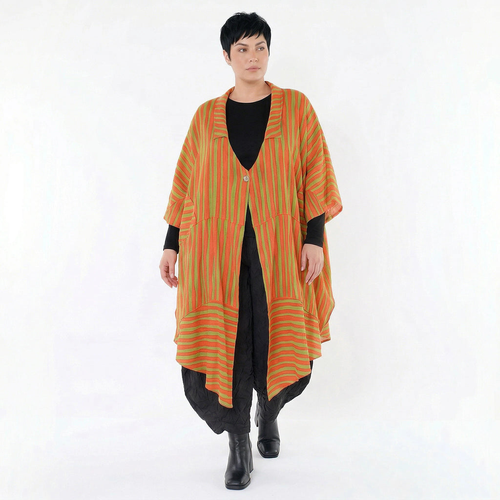 Luftiger Oversize Mantel in stilvoller A-Form sorgt mit Blockstreifen für einen ausgefallenen Lagenlook, Orange/Apfelgrün