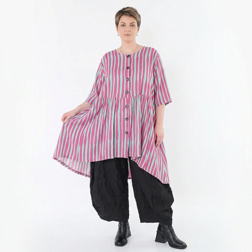Ausgefallene Oversize Bluse in leichter Leinen Optik mit A-Form und lässigem Lagenlook, Fuchsia/Mint