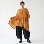 Stilvolle A-Form Bluse im Lagenlook mit luftigem Leinen Feeling und ausgefallenem Blockstreifen, Orange/Apfelgrün