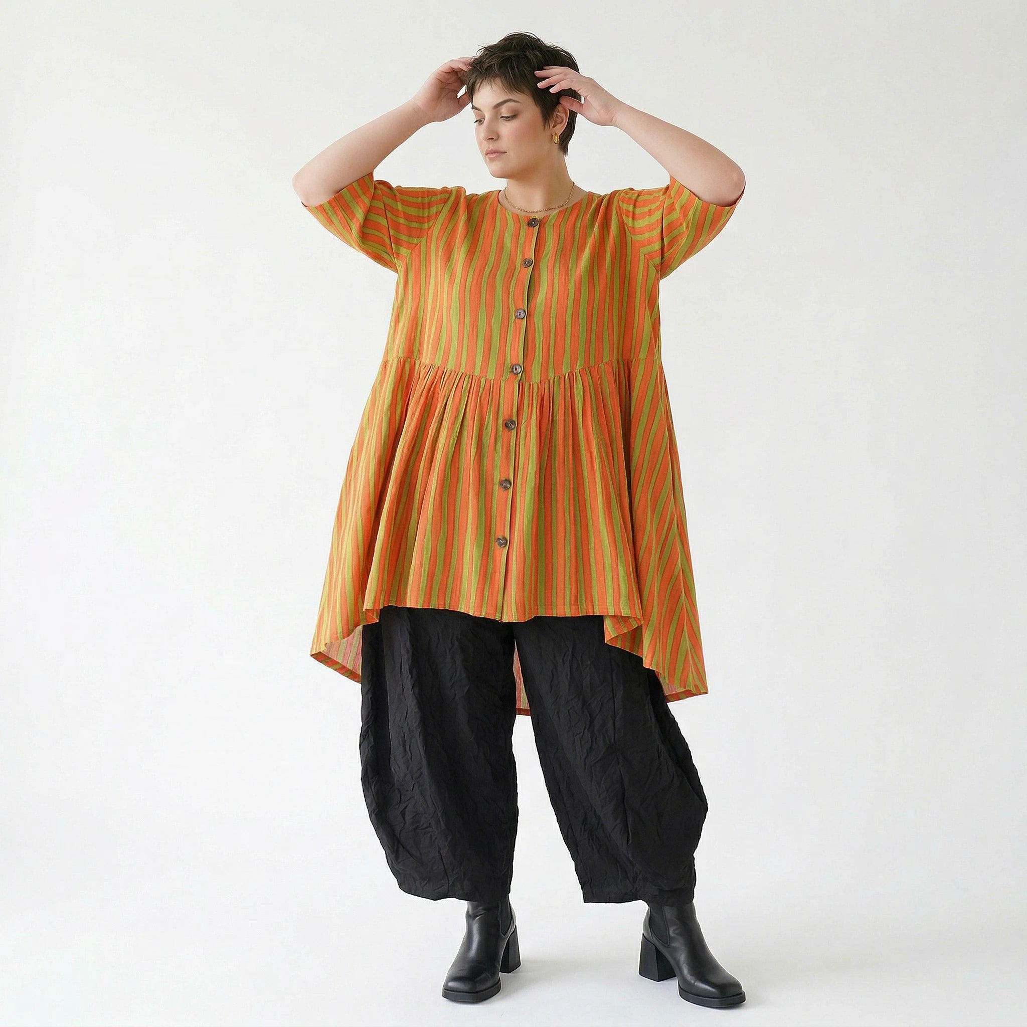 Stilvolle A-Form Bluse im Lagenlook mit luftigem Leinen Feeling und ausgefallenem Blockstreifen, Orange/Apfelgrün