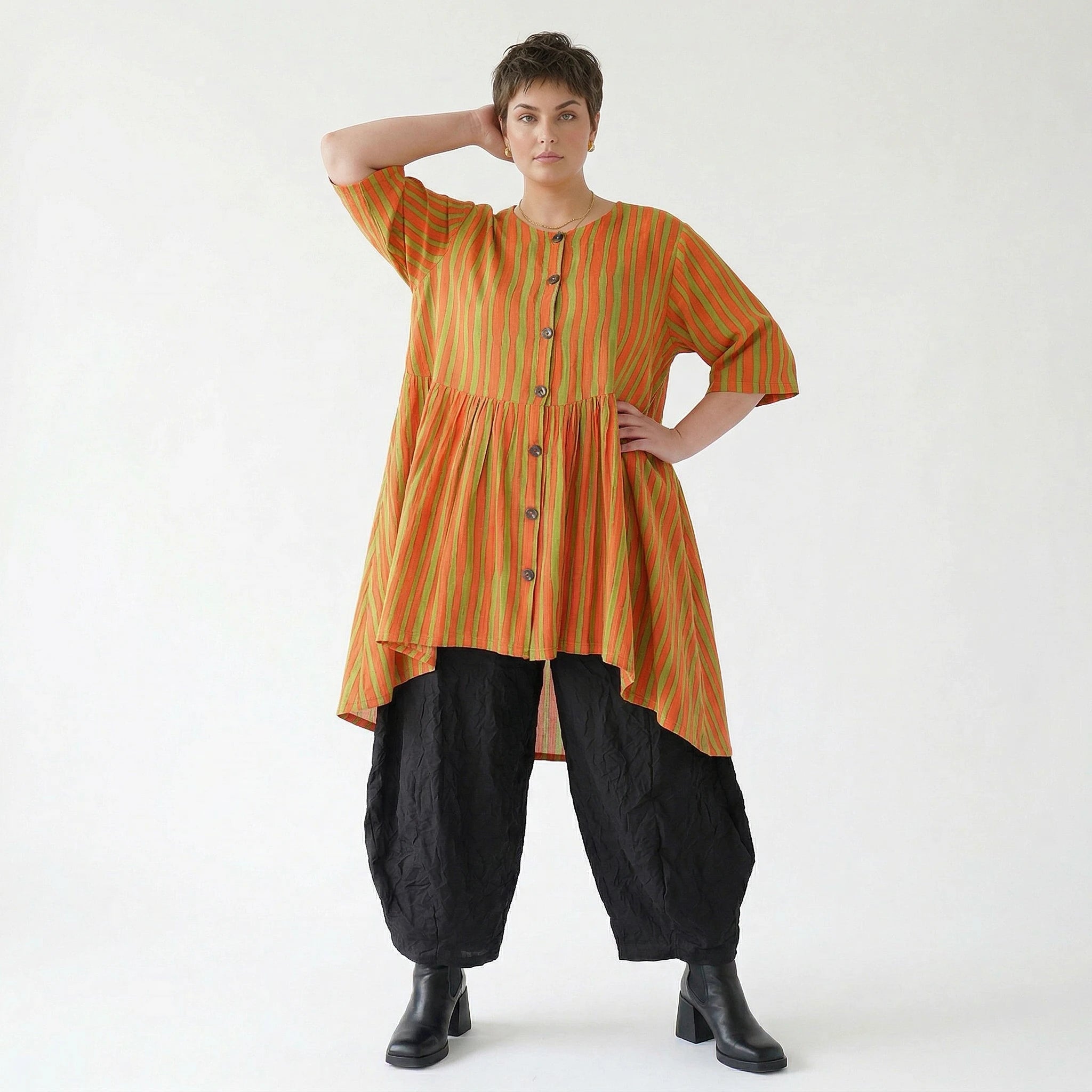 Stilvolle A-Form Bluse im Lagenlook mit luftigem Leinen Feeling und ausgefallenem Blockstreifen, Orange/Apfelgrün