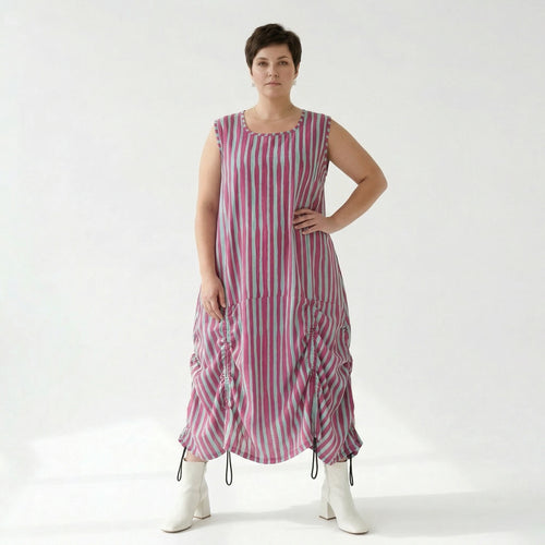 Luftiges Ballonkleid in lässigem Oversize Lagenlook mit raffiniertem Blockstreifenmuster, Fuchsia/Mint