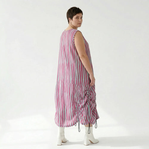 Luftiges Ballonkleid in lässigem Oversize Lagenlook mit raffiniertem Blockstreifenmuster, Fuchsia/Mint