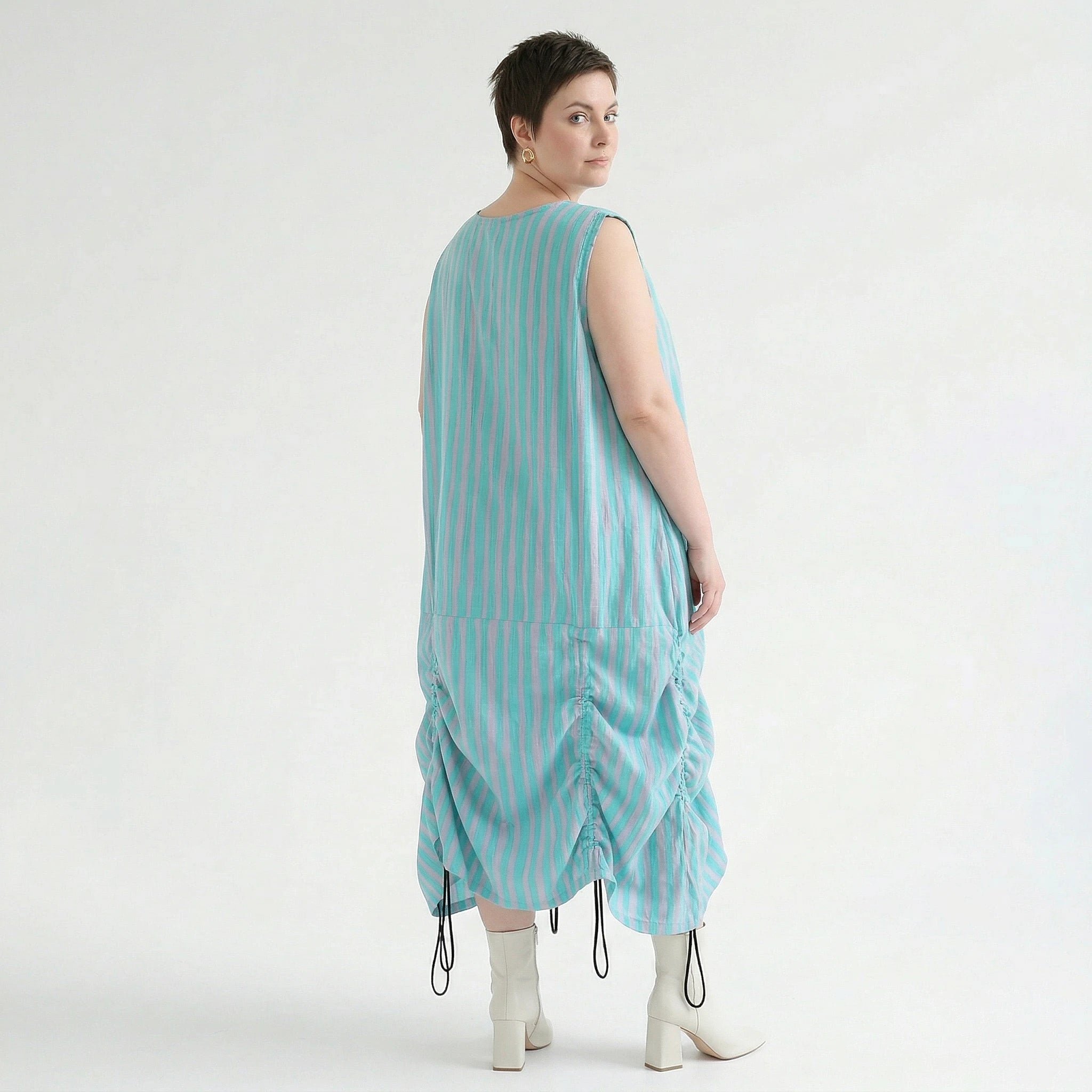 Luftig zeitloses Ballon Kleid aus Baumwolle und Viskose im Lagenlook mit Tunnelzug, Grün/Flieder