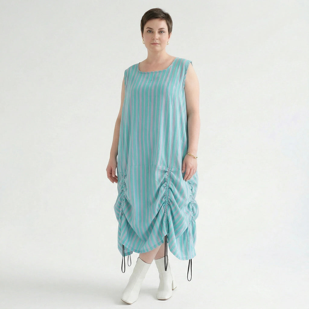 Luftig zeitloses Ballon Kleid aus Baumwolle und Viskose im Lagenlook mit Tunnelzug, Grün/Flieder