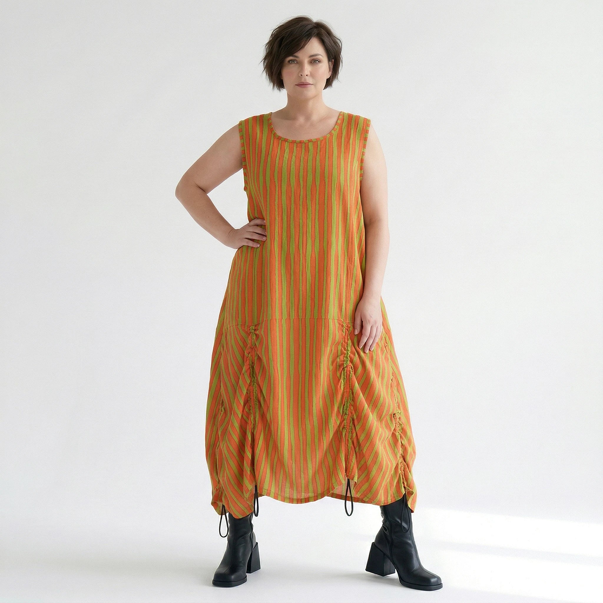 Luftig leichtes Ballonkleid im zeitlosen Lagenlook mit ausgefallenen Blockstreifen, Orange/Apfelgrün