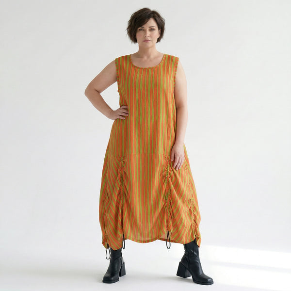 Luftig leichtes Ballonkleid im zeitlosen Lagenlook mit ausgefallenen Blockstreifen, Orange/Apfelgrün