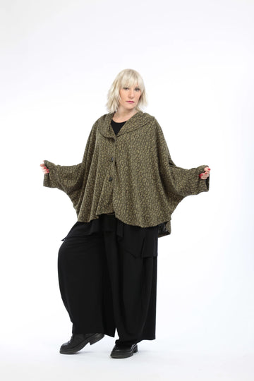  Olivfarbene Poncho Jacke mit elegantem Leopardenmuster in warmem, weichem Mix für Komfort